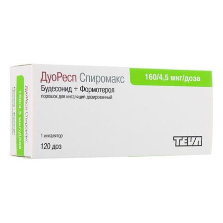 Дуоресп Спиромакс 160 мкг/ 4,5 мкг 120 доз 1 шт. (Будесонид + Формотерол) порошок для ингаляций дозированный по цене 1 730 руб. купить в Москве оптом